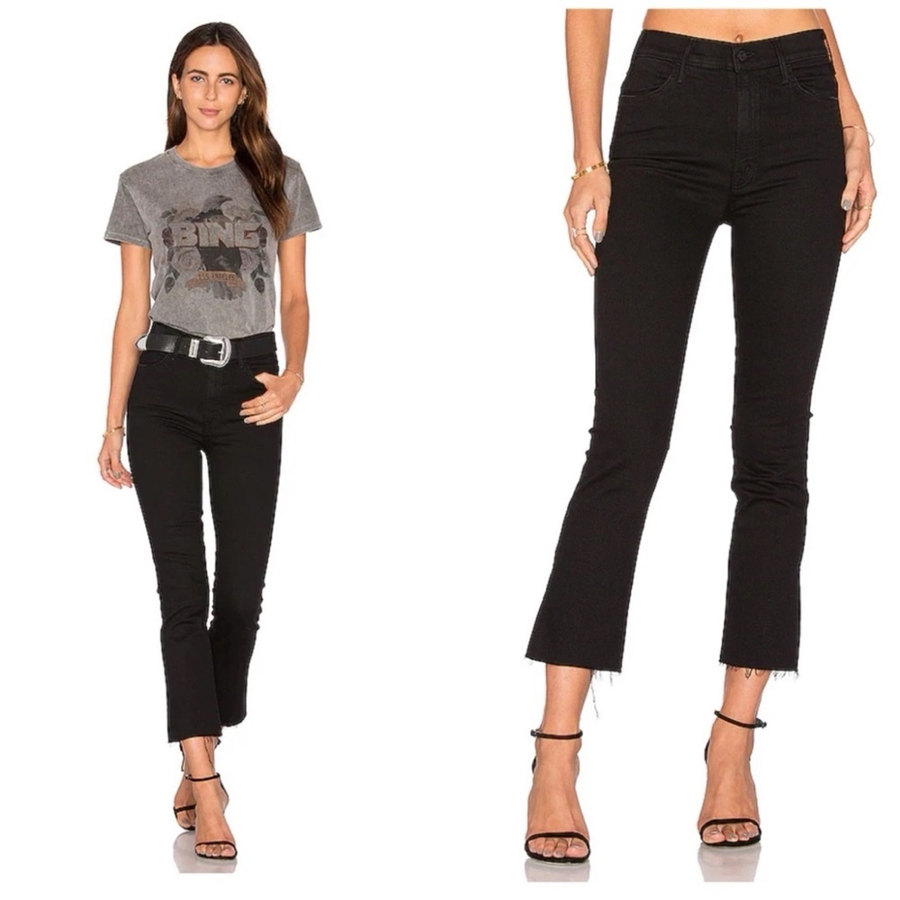MOTHER Black Raw-Hem Ankle Crop Jeans